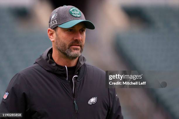 Offensive coordinator Mike Groh of the Philadelphia Eagles looks on prior to the game against the Seattle Seahawks at Lincoln Financial Field on...