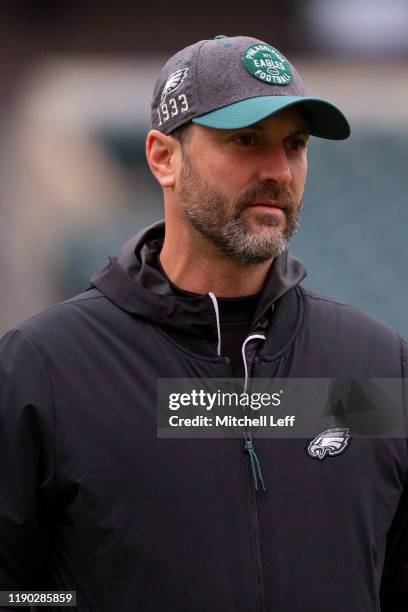 Offensive coordinator Mike Groh of the Philadelphia Eagles looks on prior to the game against the Seattle Seahawks at Lincoln Financial Field on...