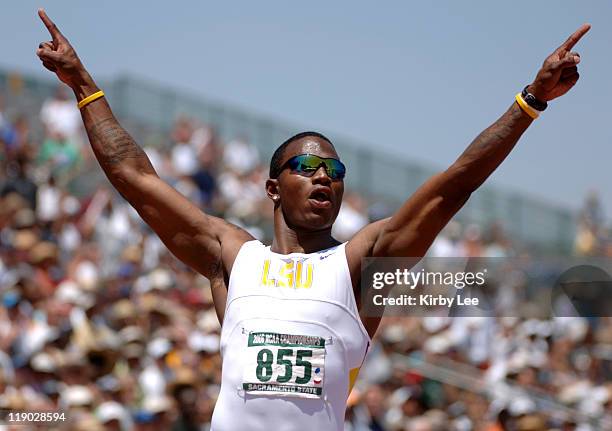 Xavier Carter of LSU celebrates after winning the men's 100 meters in 10.09 in the NCAA Track & Field Championships at Sacramento State's Hornet...