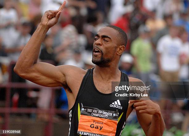 Tyson Gay celebrates after winning the 200 meters in 19.62 for the No. 2 time in history in the USA Track & Field Championships at Carroll Stadium in...