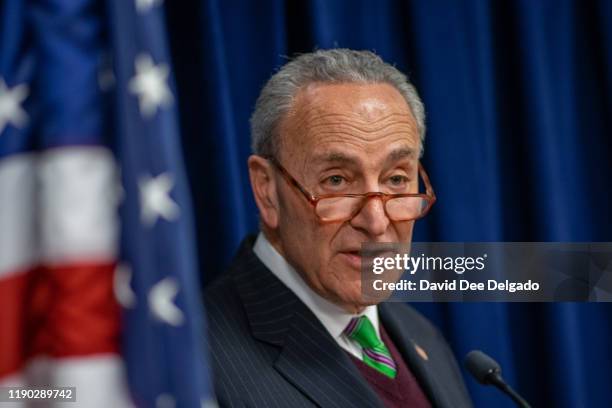 Sen. Charles Schumer speaks during a press conference to discuss what he believes is needed to ensure a fair senate impeachment trial on December 23,...
