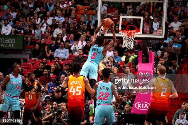 Derrick Jones Jr. #5 of the Miami Heat goes up for a dunk during a game against the Utah Jazz on December 23, 2019 at American Airlines Arena in...