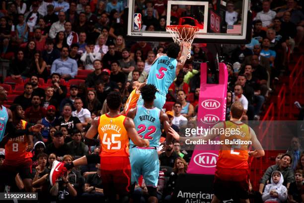 Derrick Jones Jr. #5 of the Miami Heat goes up for a dunk during a game against the Utah Jazz on December 23, 2019 at American Airlines Arena in...