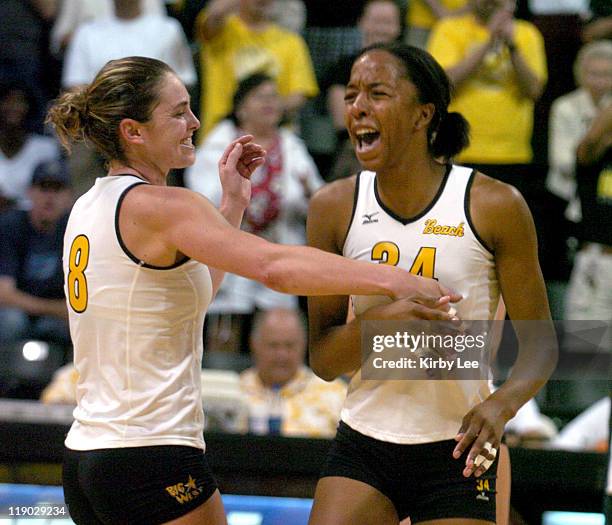 Alexis Crimes and Jillian Mazzarella of Long Beach State celebrate during 30-25, 30-26, 30-17, 30-22 victory over San Diego in nonconference women's...