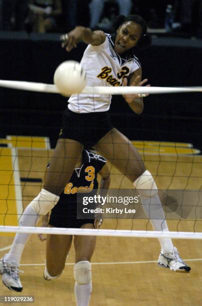 Alexis Crimes of Long Beach State goes up for kill during 30-22, 30-21, 30-23 victory over UC Riverside in Big West Conference women's volleyball...
