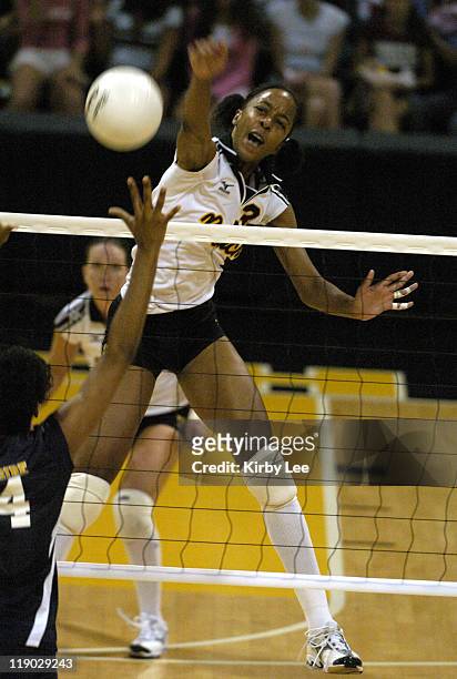 Alexis Crimes of Long Beach State goes up for kill during 30-22, 30-21, 30-23 victory over UC Riverside in Big West Conference women's volleyball...