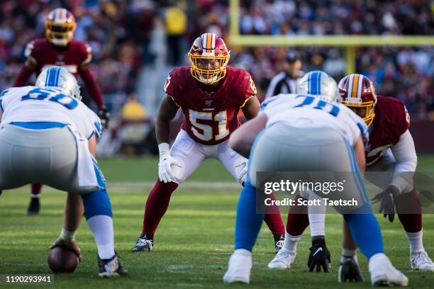 Shaun Dion Hamilton of the Washington Redskins lines up against the Detroit Lions during the second half at FedExField on November 24, 2019 in...