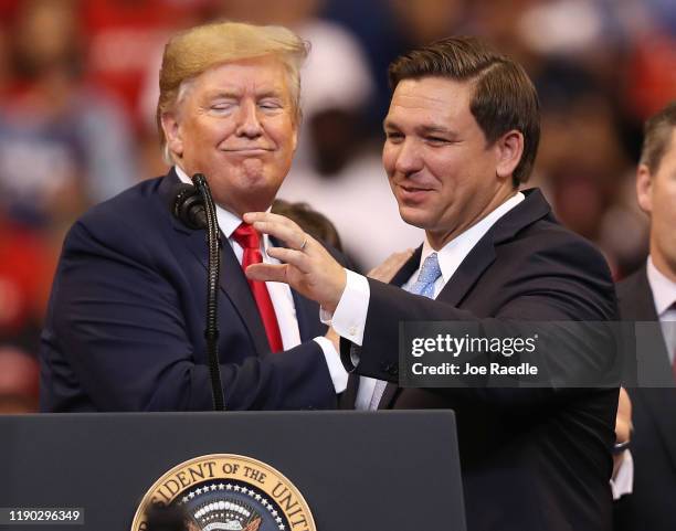 President Donald Trump introduces Florida Governor Ron DeSantis during a homecoming campaign rally at the BB&T Center on November 26, 2019 in...