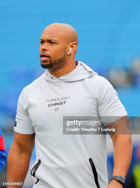 Lorenzo Alexander of the Buffalo Bills on the field before a game Denver Broncos at New Era Field on November 24, 2019 in Orchard Park, New York....