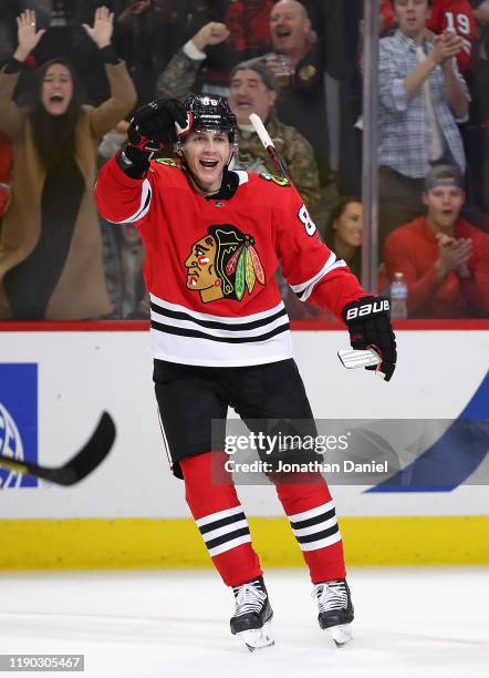 Patrick Kane of the Chicago Blackhawks celebrates a third period goal against the Dallas Stars at the United Center on November 26, 2019 in Chicago,...