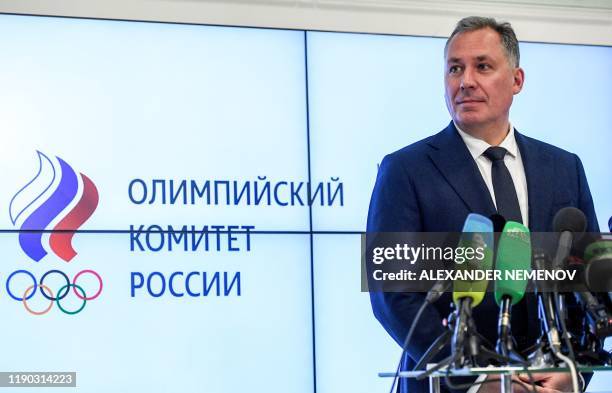 Russian Olympic Committee President Stanislav Pozdnyakov holds a press conference in Moscow on December 24, 2019 following meetings with the Russian...