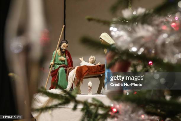 Jesus' crib is seen. Over 200 people took part in the Christmas Eve meal in Sopot, Poland on 24 December 2019 Traditional Polish Christmas Eve meal...