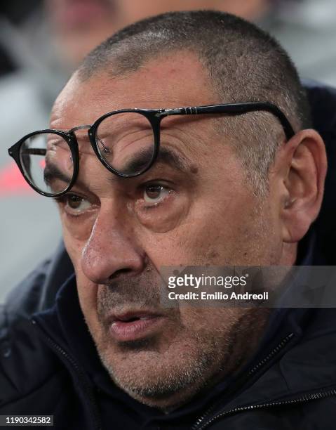 Juventus coach Maurizio Sarri looks on during the UEFA Champions League group D match between Juventus and Atletico Madrid at Allianz Stadium on...