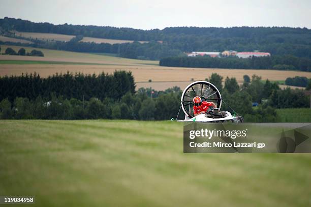 Stefan Bradl of Germany and Viessmann Kiefer Racing drives the hovercraft on track during the pre-event " Riders from the 3 categories will drive...