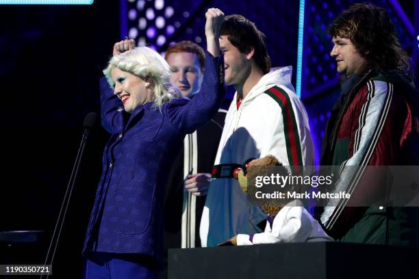 Amy Taylor of Amyl and the Sniffers accept the ARIA Award for Best Rock Album during the 33rd Annual ARIA Awards 2019 at The Star on November 27,...
