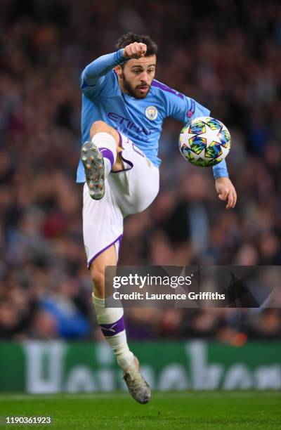 Bernardo Silva of Manchester City jumps to control the ball during the UEFA Champions League group C match between Manchester City and Shakhtar...