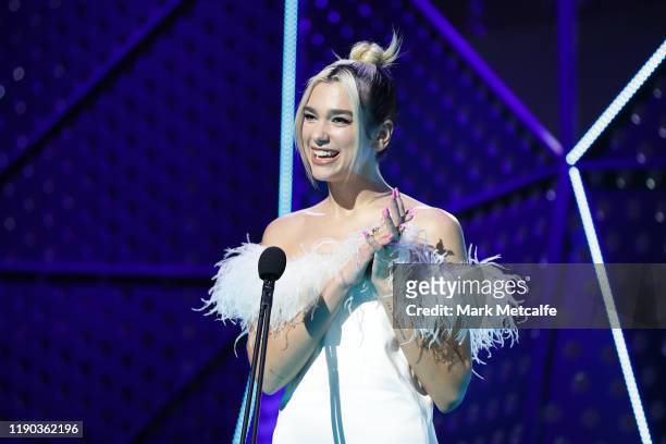 Dua Lipa presents the ARIA Award for Album of The Year during the 33rd Annual ARIA Awards 2019 at The Star on November 27, 2019 in Sydney, Australia.