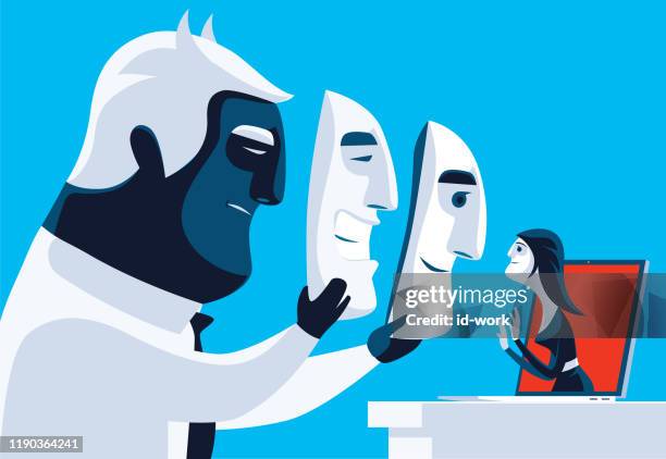 woman rejecting evil man with masks while video chatting - sneaky smile clip art stock illustrations