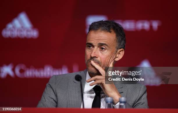 Luis Enrique attends a press conference as he returns as Spain head coach at the Spanish Football Federation headquarters on November 27, 2019 in Las...
