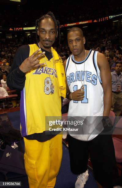 Snoop Dogg and Jay-Z during Celebrities at Game 4 of the NBA Finals with the Los Angeles Lakers and the New Jersey Nets at Continental Arena in East...