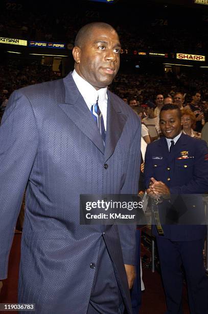 Magic Johnson during Celebrities at Game 4 of the NBA Finals with the Los Angeles Lakers and the New Jersey Nets at Continental Arena in East...