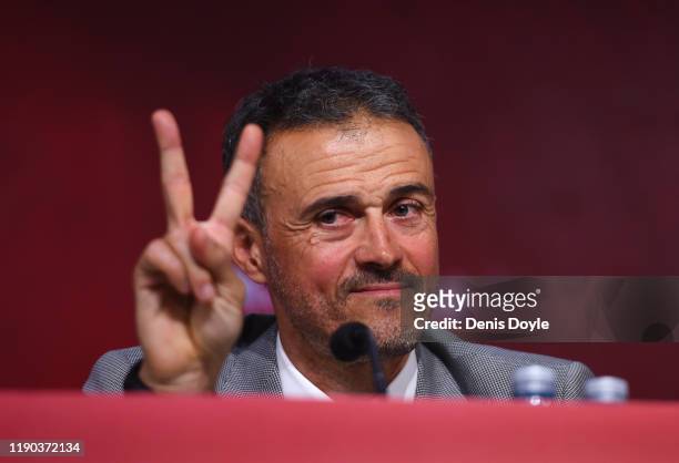 Luis Enrique gestures as he attends a press conference as he returns as Spain head coach at the Spanish Football Federation headquarters on November...