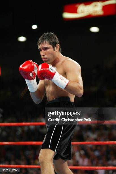 Oscar De La Hoya, pictured, fighs Shane Mosley, blue trunks, during a 12-round WBC/WBA Super Welterweight Championship bout held a the MGM Grand...