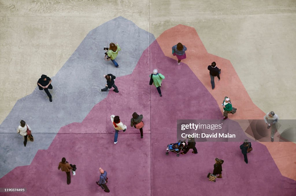 Overlapping Groups Pedestrians On A Concrete Floor With An Overlapping Groups Diagram ...