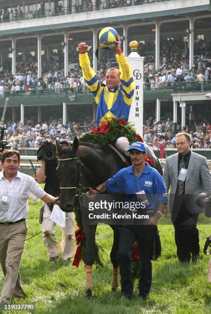 Jockey, Calvin Borel celebrates winning the running of the 133rd Kentucky Derby at Churchill Downs, Louisville, Kentucky- May 5, 2007