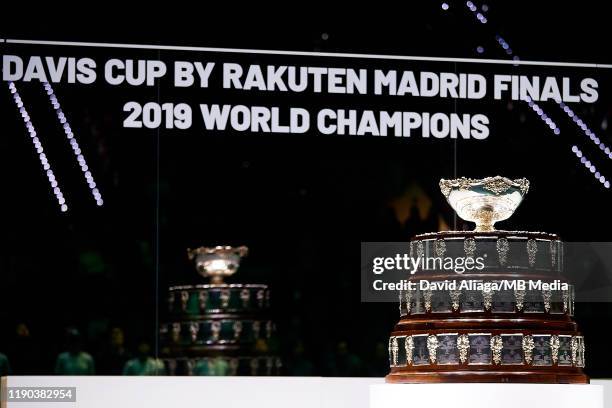 Davis Cup trophy is seen during Day Seven of the 2019 Davis Cup at La Caja Magica on November 24, 2019 in Madrid, Spain.