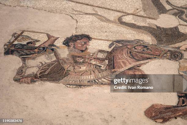 Detail of the mosaic of the Casa del Fauno , depicting Alexander the Great riding Bucephalus on November 26, 2019 in Pompei, Italy. General view of...