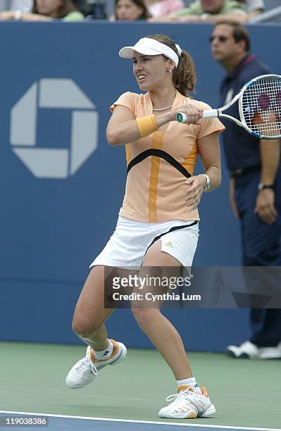 Martina Hingis during her first round match against Shuai Peng during the US Open at the USTA National Tennis Center in Flushing, Queens, New York on...
