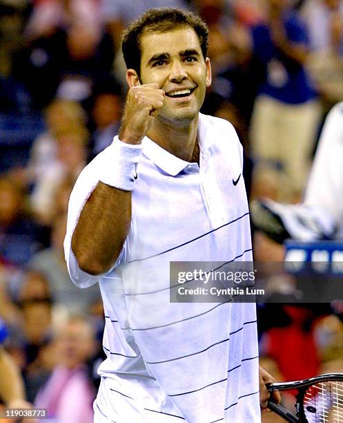 Pete Sampras celebrates his straight-set victory over Andy Roddick, 6-3, 6-2, 6-4.