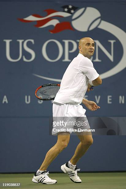 Andre Agassi during a first round match against Andrei Pavel at the 2006 US Open at the USTA National Tennis Center in Flushing, Queens, New York on...