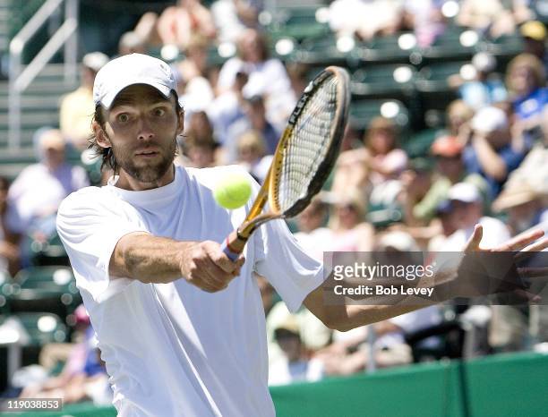 Ivo Karlovic of Croatia against Mariano Zabaleta of Argentina during the finals of the U.S. Men's Clay Court Championships in Houston, Texas on April...