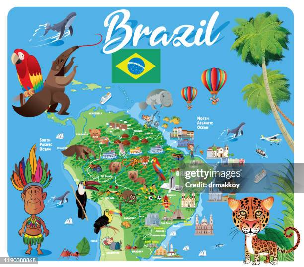 brazil tavel map, sao paulo, rio de janeiro, salvador, fortaleza, belo horizonte, brasilia, curitiba, manaus, recife, belem, porto alegre, goiania, guarulhos, campinas, nova iguacu, maceio, sao luis , duque de caxias, natal, teresina, sao bernardo do camp - rio amazonas stock illustrations