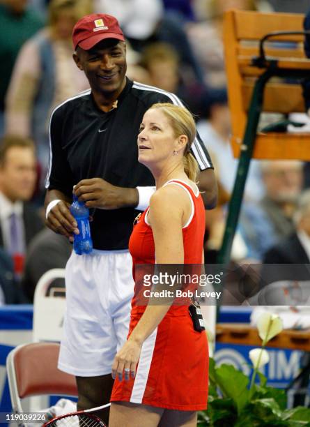 Chris Evert and NBA Hall of Famer Clyde Drexler during the Serving for Tsunami Relief tennis exhibition benefiting the Bush-Clinton Relief Fund at...