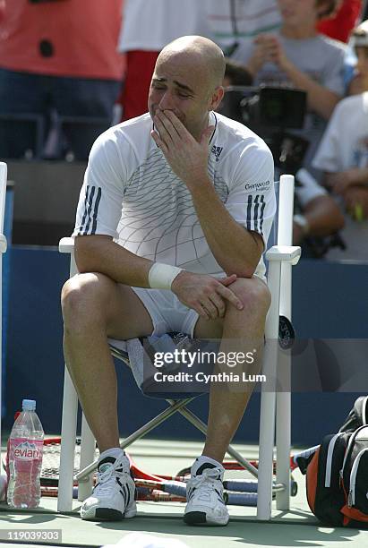 Andre Agassi during his third round match against Benjamin Becker at the 2006 US Open at the USTA Billie Jean King National Tennis Center in Flushing...