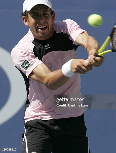 Dominik Hrbaty in action during his loss to Lleyton Hewitt in their 4th round match at the 2005 US Open at the National Tennis Center in Flushing,...