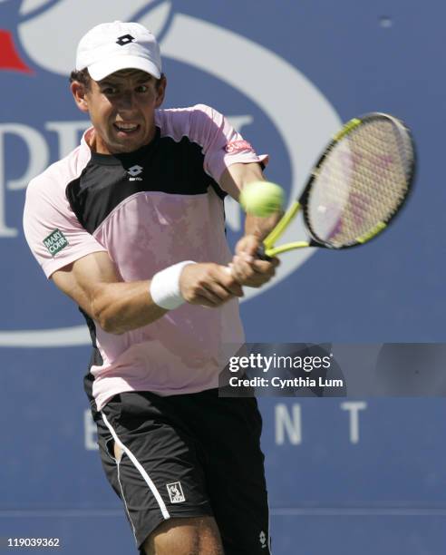 Dominik Hrbaty in action during his loss to Lleyton Hewitt in their 4th round match at the 2005 US Open at the National Tennis Center in Flushing,...