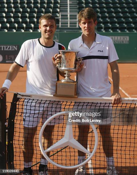 Michael Kohlman/Alexander Waske pose with the trophy after defeating Jurgen Melzer/Julian Knowle 5-7,6-4,10-5 to win the doubles division of the U.S....