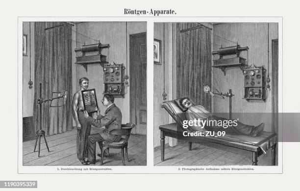 early x-ray equipment, wood engravings, published in 1899 - patient history stock illustrations