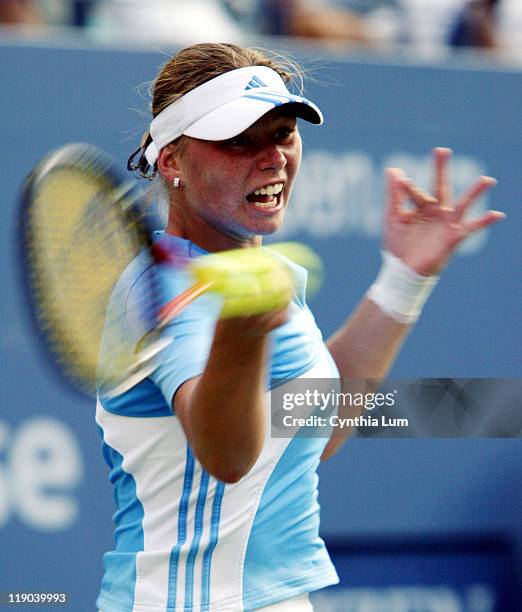 Vera Zvonareva in action against Ashley Harkleroad at the 2003 US Open in Queens, New York on August 27, 2003. Zvonareva defeated Harkleroad 6-3,...