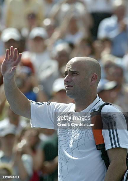 Andre Agassi during his third round match against Benjamin Becker at the 2006 US Open at the USTA Billie Jean King National Tennis Center in Flushing...