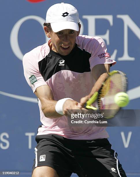 Dominik Hrbaty in action during his loss to Lleyton Hewitt in their 4th round match at the 2005 US Open at the National Tennis Center in Flushing,...