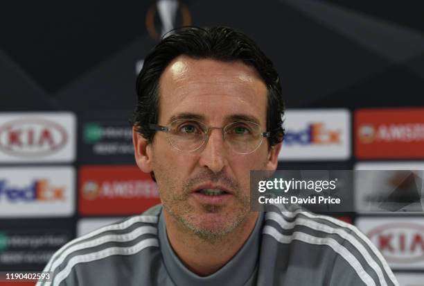 Unai Emery the Arsenal manager speaks during the Arsenal Press Conference at London Colney on November 27, 2019 in St Albans, England.