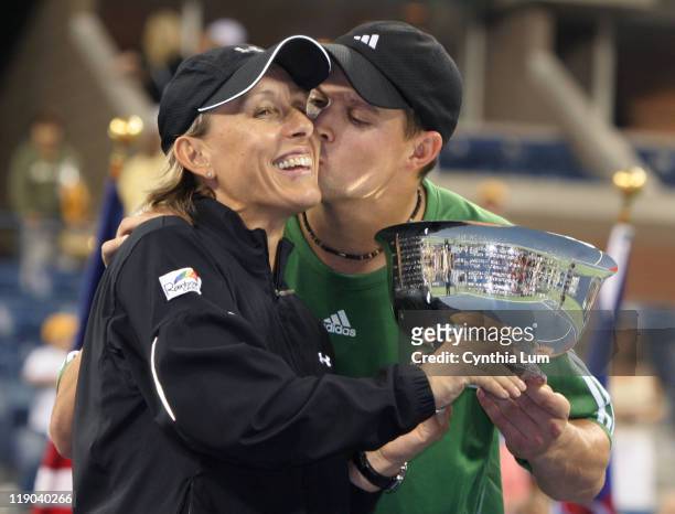 Martina Navratilova and Bob Bryan win the mixed doubles final against Kveta Peschke and Martin Damm at the 2006 US Open at the USTA National Tennis...