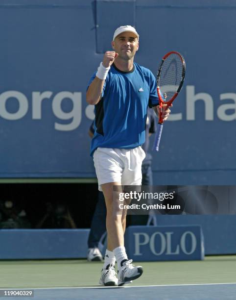 Andre Agassi during his match against Ivo Karlovic in the second round of the 2005 US Open at the USTA National Tennis Center in Flushing, New York...