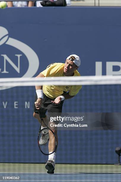 Lleyton Hewitt in action during his defeat of Dominik Hrbaty in their 4th round match at the 2005 US Open at the National Tennis Center in Flushing,...