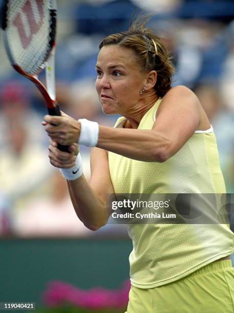 Lindsay Davenport in action as she defeated Maria Sharapova 6-0, 6-0 in their semi-final match at the Pacific Life Open, on March 18, 2005 at Indian...
